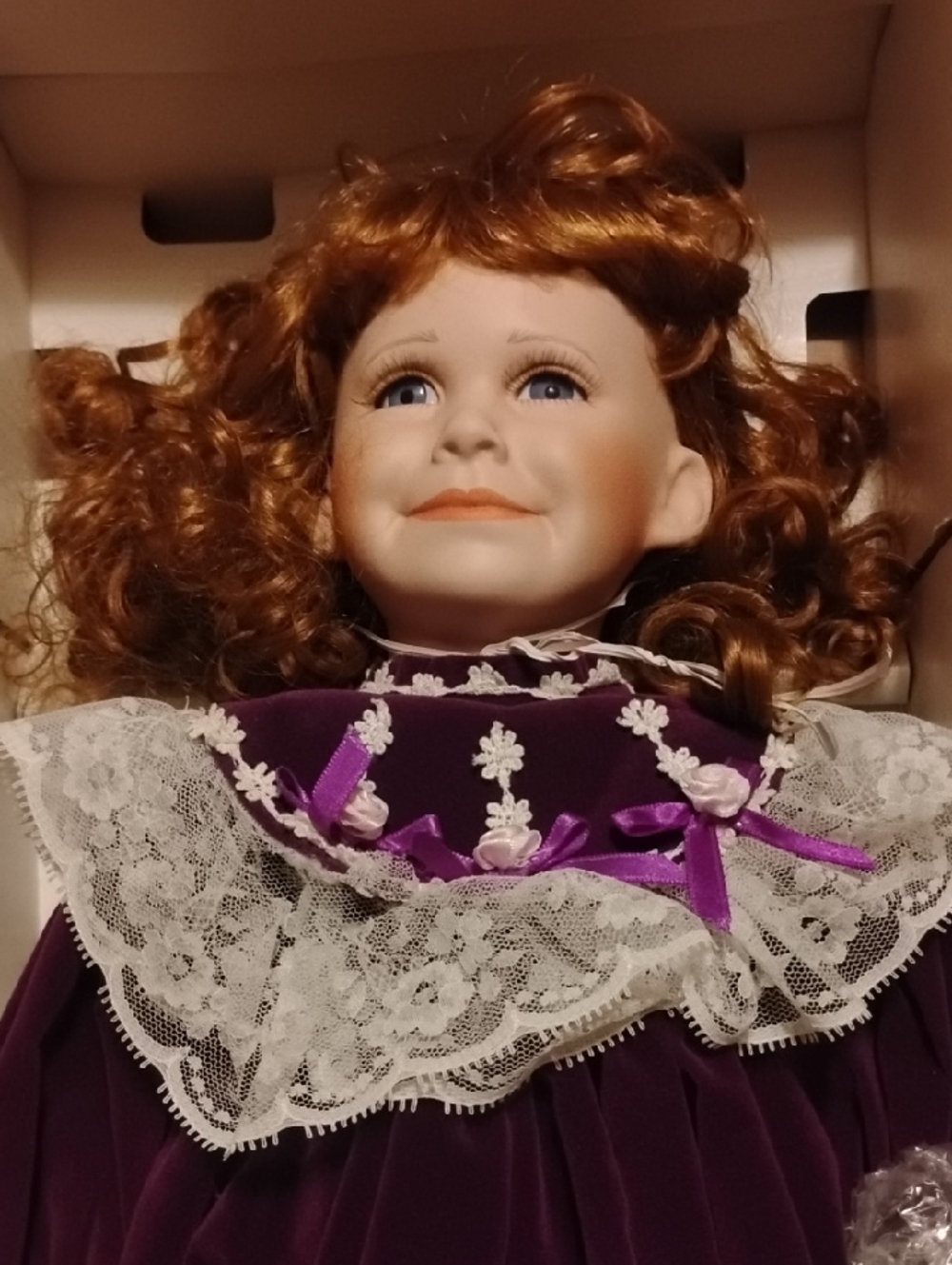 NIB William Tung's "Scarlet" Porcelain Doll in Her Purple Velvet Dress 426/1000